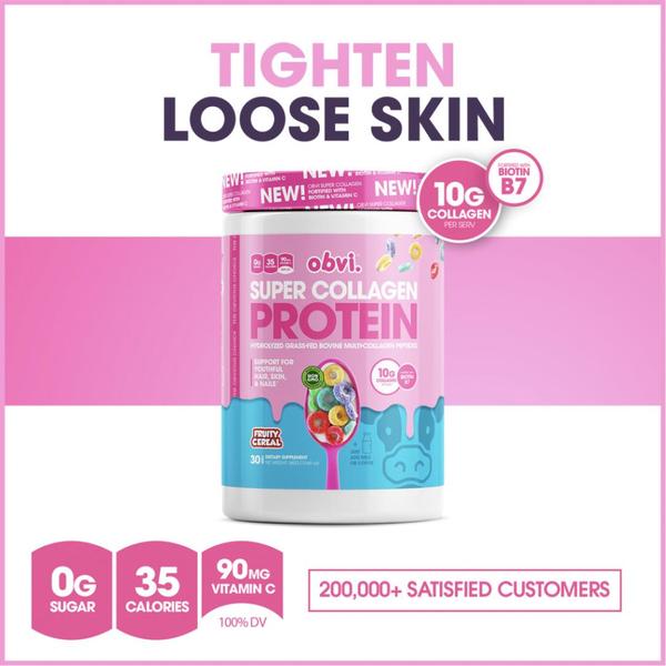 A square-format static ad highlighting the skin-tightening benefits of Super Collagen Protein using high-contrast typography and clear product stats.